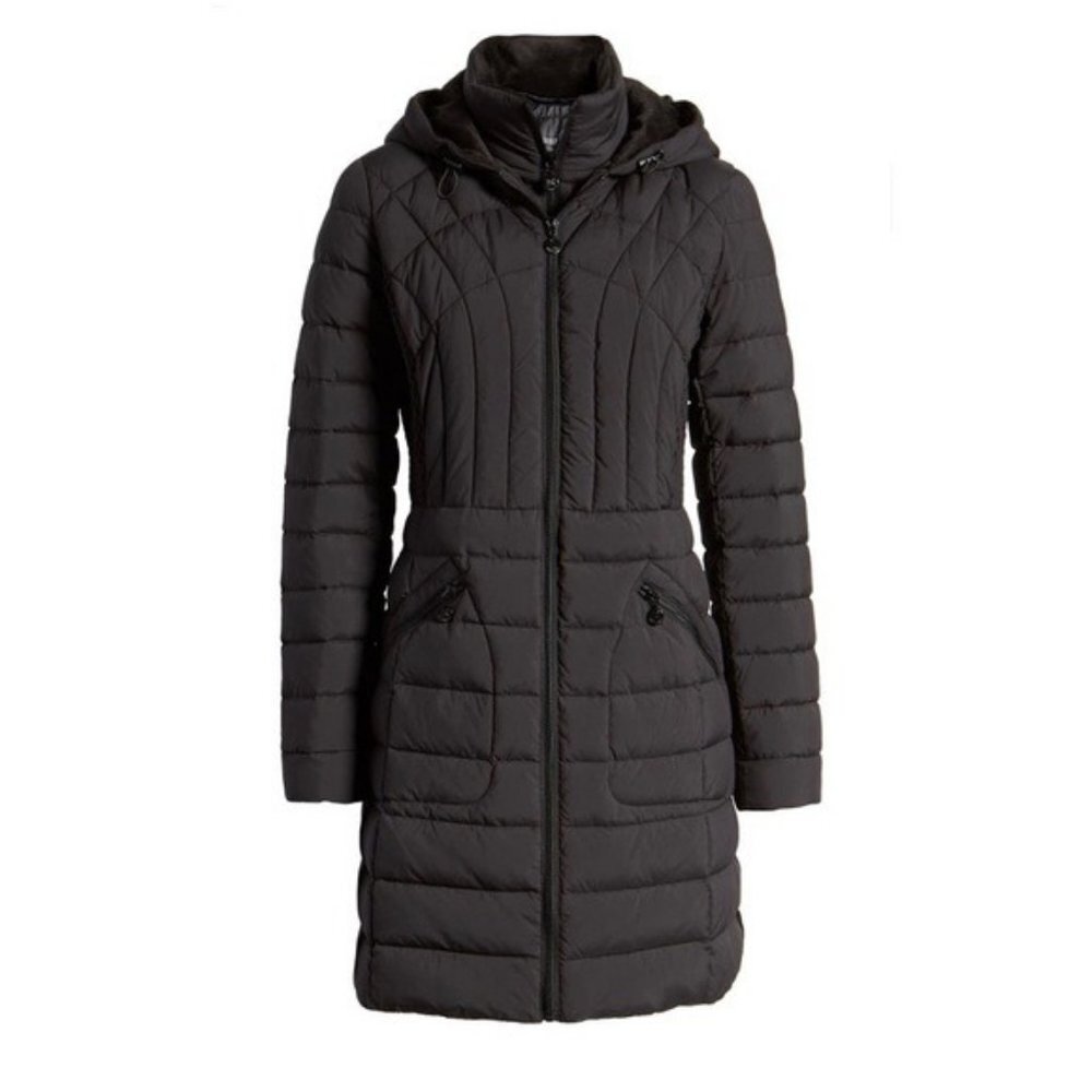 Bernardo Channel Quilted Fleece Lined Packable Hooded Puffer Jacket NWT XS Black - Picture 6 of 6